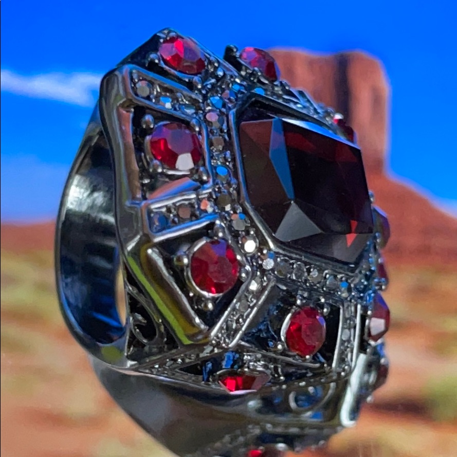 Hematite Colored And Ruby Costume Statement Ring
